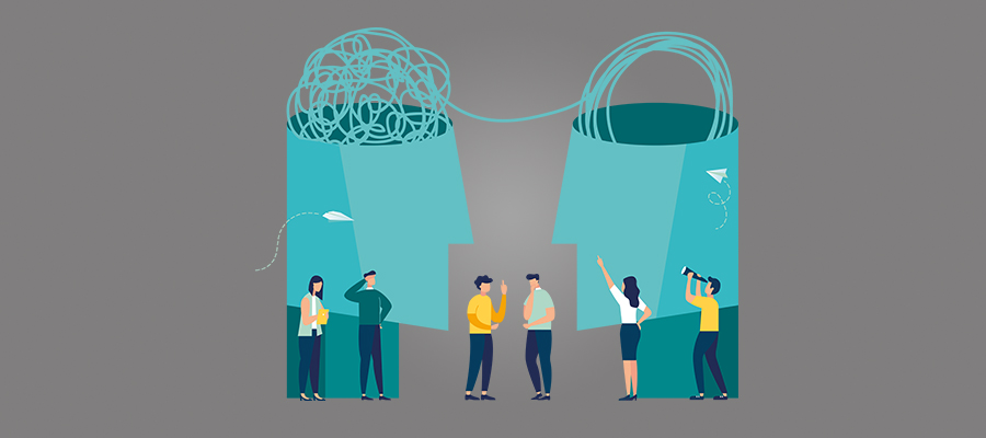 Drawing of people observing connections between brains