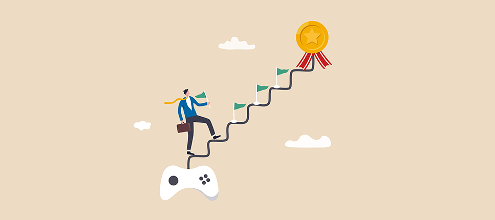Drawing of a man climbing stairs from a game controller to a reward
