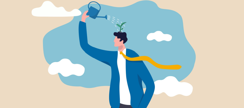 drawing of a man watering a plant on top of his head, a symbol for learning