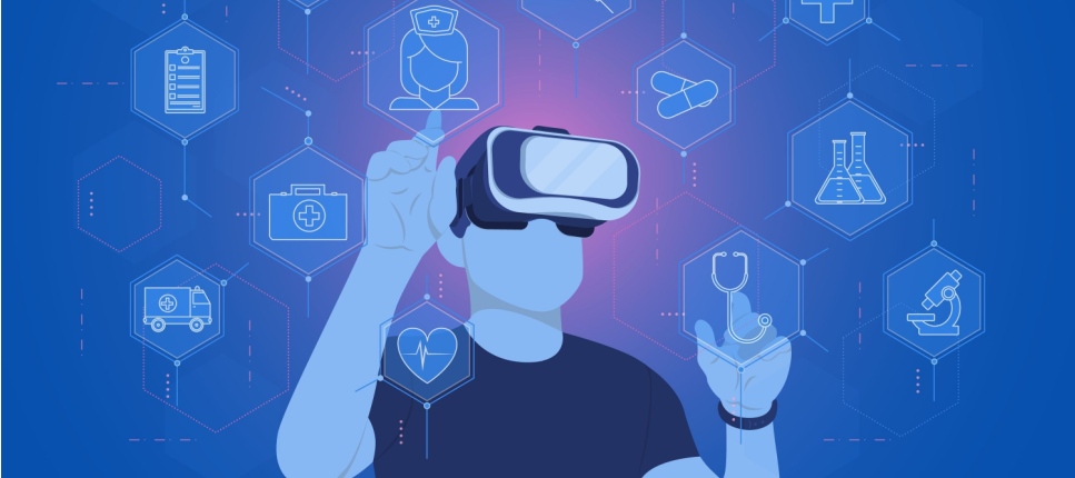 drawing of a person with a VR headset watching medical related icons