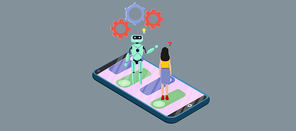 drawing of a robot chatting with a woman